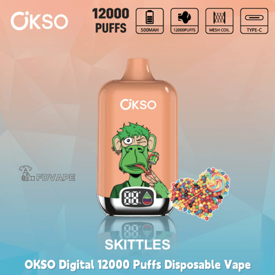 OKSO Digital 12000 Puffs disposable vape, Skittles flavor, with cartoon green monkey and candy heart, 500mAh, mesh coil, Type-C charging
