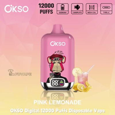 Pink OKSO Digital 12000 Puffs disposable vape, Pink Lemonade flavor, with 500mAh battery, mesh coil and Type-C charging icons