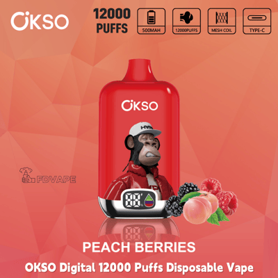 Red OKSO Digital 12000 Puffs disposable vape, Peach Berries flavor, with screen, 500mAh, mesh coil, Type-C