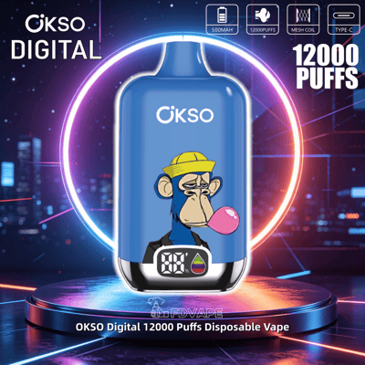OKSO Digital 12000 Puffs disposable vape with 500mAh battery, mesh coil, Type-C, and cartoon monkey design on blue device