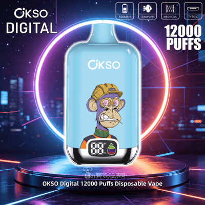 OKSO Digital disposable vape with 12000 puffs, 500mAh battery, mesh coil, Type-C, blue body with cartoon monkey design