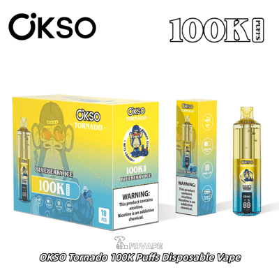 OKSO Tornado 100K Puffs disposable vape in Blueberry Ice flavor with box packaging and nicotine warning label