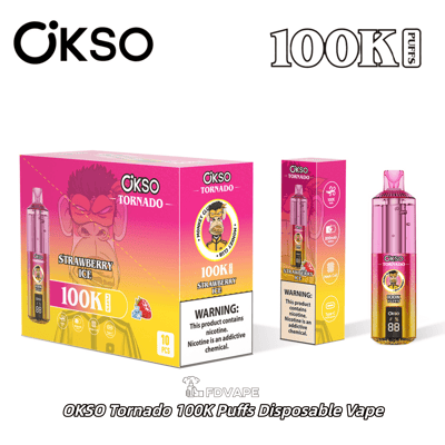 OKSO Tornado 100K Puffs disposable vape in Strawberry Ice flavor with pink and yellow packaging and nicotine warning label