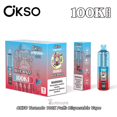 OKSO Tornado 100K Puffs Blue Razz disposable vape with blue-red packaging and nicotine warning label shown beside device