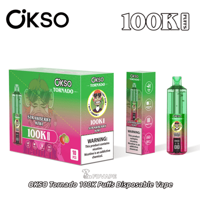 OKSO Tornado 100K Puffs disposable vape in Strawberry Kiwi flavor with green and pink box and device, nicotine warning label visible