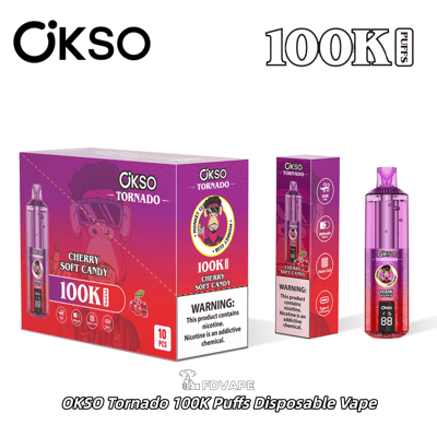 OKSO Tornado 100K Puffs disposable vape in Cherry Soft Candy flavor, with purple-red box and matching device displayed