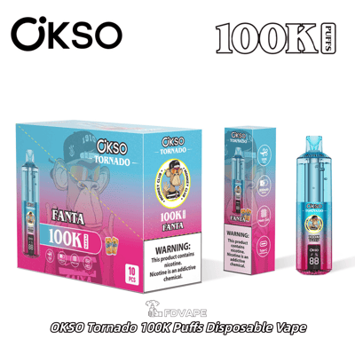 OKSO Tornado 100K Puffs disposable vape in Fanta flavor shown with retail box and nicotine warning label