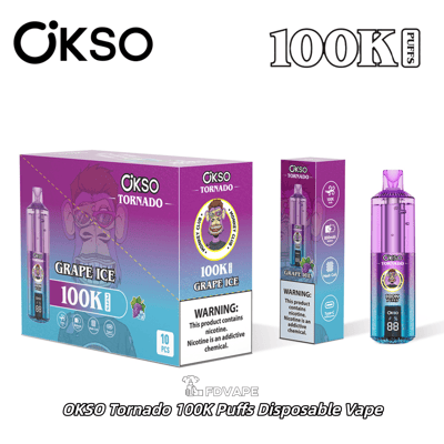 OKSO Tornado 100K Puffs disposable vape in Grape Ice flavor with purple-blue packaging and nicotine warning label
