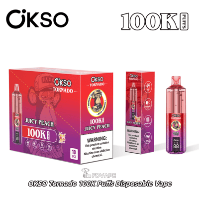 OKSO Tornado 100K Puffs Juicy Peach disposable vape with red‑purple box, device, and nicotine warning label visible