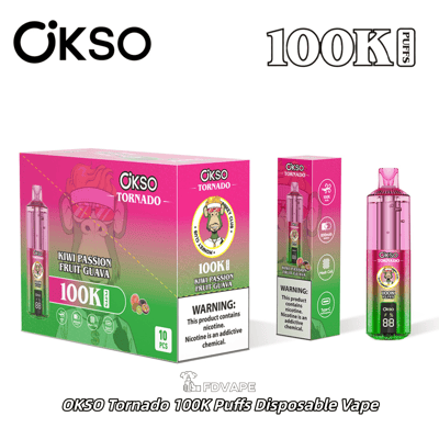 OKSO Tornado 100K Puffs disposable vape in Kiwi Passion Fruit Guava flavor with pink and green packaging and device shown