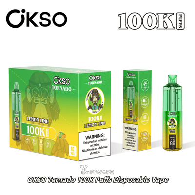 OKSO Tornado 100K Puffs disposable vape in Lemon Lime flavor with green and yellow box and device, nicotine warning label