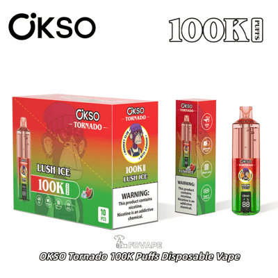 OKSO Tornado 100K Puffs disposable vape in Lush Ice flavor with red‑green packaging and nicotine warning label displayed
