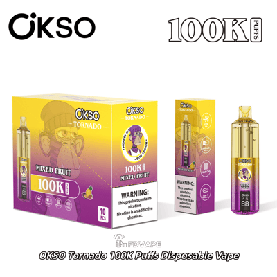 OKSO Tornado 100K Puffs disposable vape in Mixed Fruit flavor with yellow and purple packaging and device shown