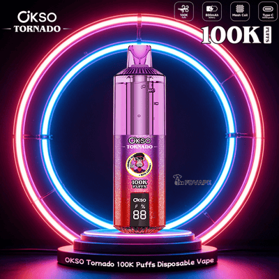 OKSO Tornado 100K Puffs disposable vape with digital display, neon ring backdrop, 800mAh battery, mesh coil, Type-C recharge