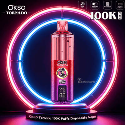OKSO Tornado 100K Puffs disposable vape with digital display, shown on a pedestal against neon ring lights