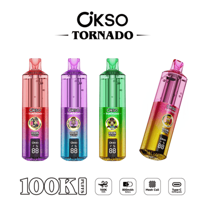 Four colorful OKSO Tornado vape devices labeled 100K puffs with display screen, 800mAh battery, mesh coil, and Type-C recharge