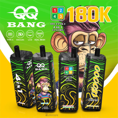 QQ Bang 180K vape devices with Oil Tank 4-in-1 flavors, monkey graphic, and flavors like Skittles and Strawberry Watermelon