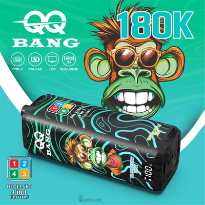 QQ Bang 180K vape device with cartoon monkey design, LCD display, and 4-in-1 flavors including Blueberry Mint and Green Apple Kiwi