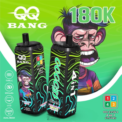 QQ Bang 18000 disposable vape with 4-in-1 flavors, black design and cartoon monkey on green background