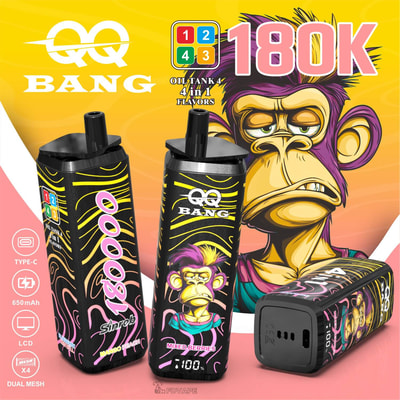 QQ Bang 180K vape devices with cartoon monkey design, 4-in-1 flavors, Type-C 650mAh LCD, dual mesh