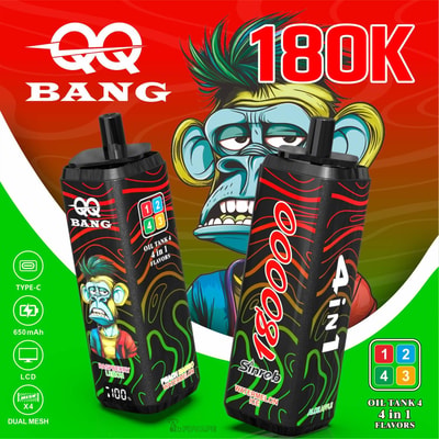Two QQ Bang 180K disposable vapes with 4-in-1 flavors, cartoon monkey design, and Type-C charging icons