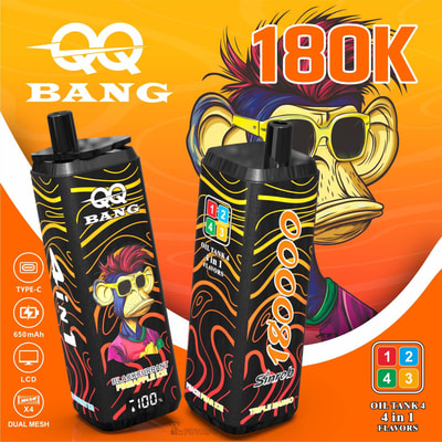 QQ Bang 18000K vape device with 4-in-1 flavors, LCD display, Type-C charging, and 650mAh battery on orange background