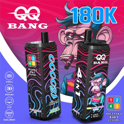 QQ Bang 18000 puff vape devices with 4-in-1 flavors, cartoon monkey graphic, and feature icons on pink background