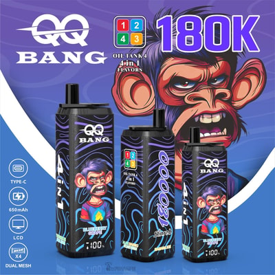 QQ Bang 180K vape devices with cartoon monkey design, 4-in-1 flavors, Type-C, 650mAh battery, LCD display