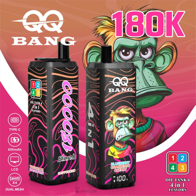 QQ Bang 180K disposable vape with 4-in-1 flavors, cartoon monkey design, Type-C charging, 650mAh battery, LCD display