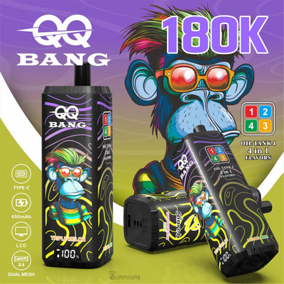 QQ Bang 180K vape device with cartoon monkey design, 4-in-1 flavors, Type-C charging, LCD display, and dual mesh feature