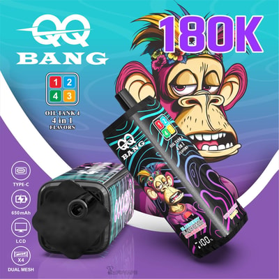 QQ Bang 180K vape device with 4-in-1 flavors, monkey graphic design, Type-C, 650mAh, dual mesh, LCD display