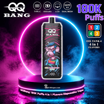 QQ Bang disposable vape with 180K puffs, 4‑in‑1 flavors, kiwi passionfruit guava, neon ring backdrop and LCD display icon graphics