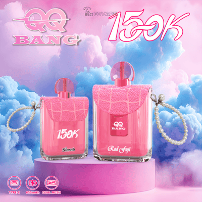 Two pink QQ Bang 150K vape devices labeled Red Fuji with pearl straps, Type-C 650mAh dual mesh, against pastel clouds