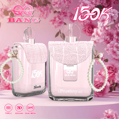 Two pink QQ Bang 15K Strawberry Ice vape devices with pearl charms, floral background, Type‑C 650mAh Dual Mesh icons