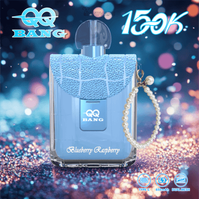 Blue QQ Bang 15K vape device, Blueberry Raspberry flavor, with pearl strap and Type‑C 650mAh dual mesh icons on a glittery background