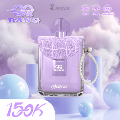 Lavender QQ Bang “Grape Ice” vape device with pearl strap, labeled 650mAh, Type-C, Dual Mesh, 15K puffs, on a cloudy backdrop