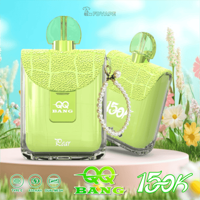 Two green QQ Bang 150K pear-flavored vape devices with leaf-textured tops, pearl chain, and Type-C, 650mAh, Dual Mesh icons