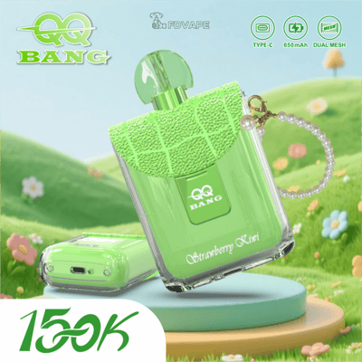 Green QQ Bang Strawberry Kiwi vape device with Type-C, 650mAh, Dual Mesh, and 150K puffs displayed on a grassy backdrop