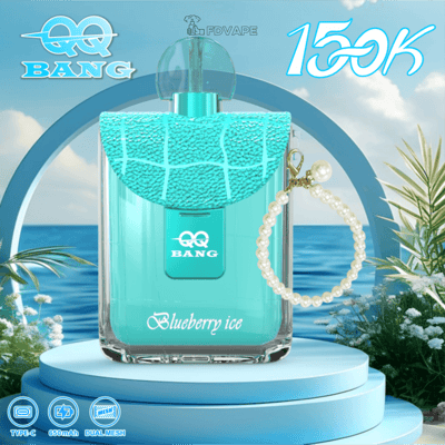 Turquoise QQ Bang Blueberry Ice vape with pearl strap, ocean backdrop, labeled 15K, Type-C 650mAh, Dual Mesh