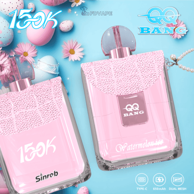 Pink QQ Bang vape labeled 150K and Watermelon Ice on blue background with pastel eggs and flowers