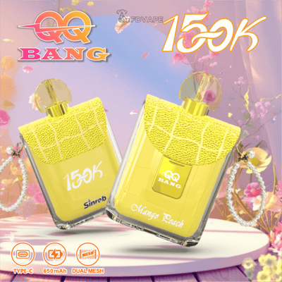 Two yellow QQ Bang 150K vape devices, Mango Peach flavor, with Type-C, 650mAh, and dual mesh features displayed