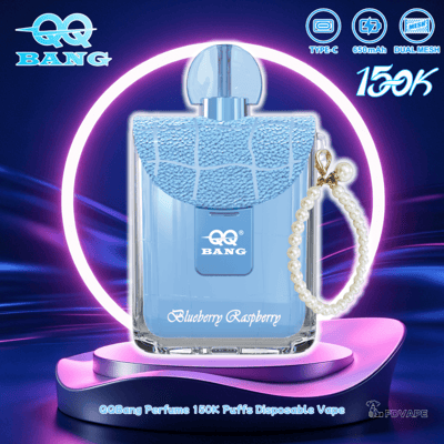 QQ Bang Blueberry Raspberry disposable vape, 150K puffs, Type-C 650mAh dual mesh, blue device with pearl strap on neon stand