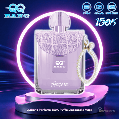 Purple QQ Bang Grape Ice disposable vape with pearl strap, 150K puffs, Type-C, 650mAh, dual mesh coils displayed on neon backdrop