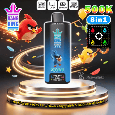 Bang King 500K disposable vape with cartoon birds, “8in1,” and “500K” text on a blue device