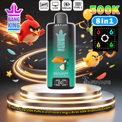 “Bang King Vapen” 500K puffs 8in1 disposable vape bottle with Angry Birds characters and feature icons