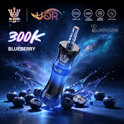 Blueberry flavored vape device with berry splashes and “300K” banner on a starry background