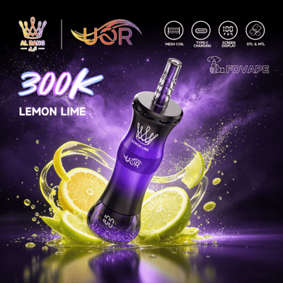 Purple vape device with lemon lime flavor text, surrounded by sparkling lime and lemon slices on a starry purple background