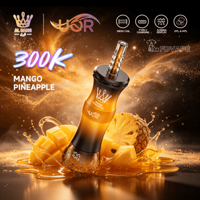 Vaporizer product graphic with “300K” and “MANGO PINEAPPLE” over a golden fruit splash background