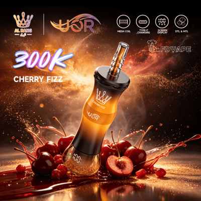 Futuristic e-cig vape device labeled Cherry Fizz, with glowing explosion background and cherries splashing around