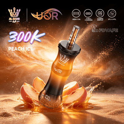 Orange vape device with peach ice flavor text, flanked by graphics and peach slices in a fiery burst background